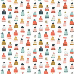 Winter hats seamless pattern. Can be used for gift wrapping, wallpaper, background