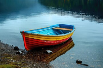 Obraz premium Brightly painted rowboat resting on a tranquil lakeshore