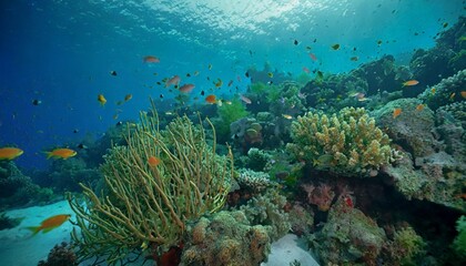 Naklejka na ściany i meble underwater view of tropical coral reef with fishes and corals beautiful marine life abstract natural background gorgeous coral garden underwater tropical beauty of wild nature