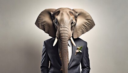 elephant dressed in a classy suit standing as a successful leader and a confident gentleman fashion portrait of an anthropomorphic animal posing with a charismatic