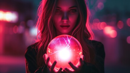women hold a glowing magic ball, fortune teller, magic crystal