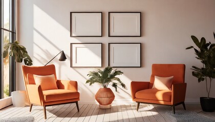 mockup blank 4 black picture frame gallery on the white beige wall in contemporary living room with orange armchair and house plants in morning sunlight 3d render for poster frame template generat