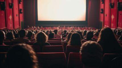 Audience is seated in a cinema with a focus on the back of their heads, looking towards a blank movie screen with red seats and atmospheric lighting. - obrazy, fototapety, plakaty