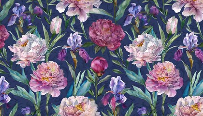 lovely seamless pattern with beautiful peonies and irises floral wallpaper watercolor background with beautiful flowers hand drawn 3d illustration luxurious fabric wallpaper clothing design