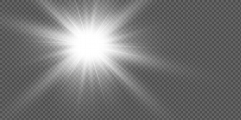 White glowing light explodes on a transparent background. Sparkling magical dust particles. Bright Star. Transparent shining sun. White star