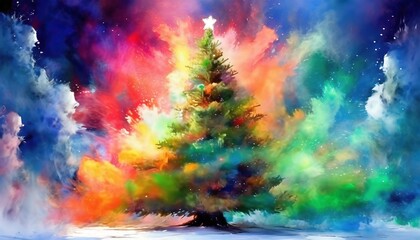 a captivating and surreal image of a christmas tree surrounded by an explosion of vibrant smoke
