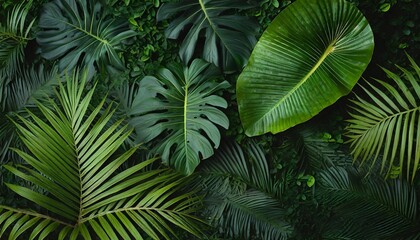 Fototapeta na wymiar closeup nature view of green leaf and palms background flat lay dark nature concept tropical leaf