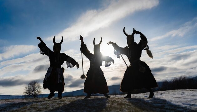 silhouettes of several demons from the bulgarian folk tradition kukeri dressed in goat headed masks with horns dancing in a magical ritual to ward off the spirits of winter