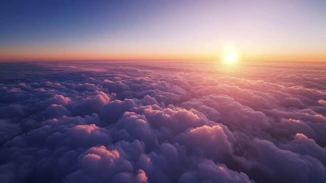 over clouds from aircraft window view under natural twilight light   