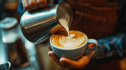 Professional male barista pouring a steamed milk into a coffee cup making a latte art    - obrazy, fototapety, plakaty