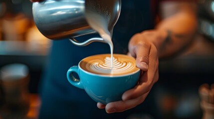 Professional male barista pouring a steamed milk into a coffee cup making a latte art    - obrazy, fototapety, plakaty