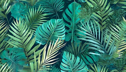 Fototapeta na wymiar exotic botanical seamless pattern tropical background with palm leaves monstera dark background in green emerald turquoise colors design for wallpaper wrapping paper fabric vintage illustration