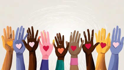 charity illustration concept with abstract diverse persons hands and hearts community compassion love and support towards those in need