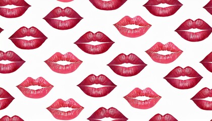 seamless pattern of red lipstick kiss print on white background isolated sexy pink lips makeup marks repeating ornament female kisses wallpaper beauty make up backdrop fashion banner love design
