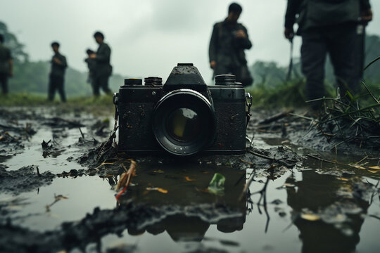 In the rice field, the old camera lies, with soldiers in the background. AI generative image.