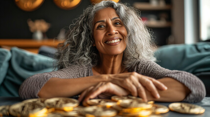 Empowering Latina Women with Bitcoin ETF: Smiling Salvadoran Elderly Lady Investing in Cryptocurrency, Bitcoin Wealth and Financial Freedom, Everyday People in Crypto Investment - obrazy, fototapety, plakaty