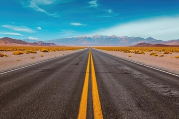 Fototapeta na wymiar Lonely road stretching endlessly through a desert landscape