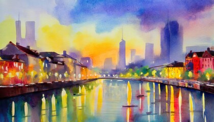 Fototapeta na wymiar City by the River Landscape Watercolor Paint