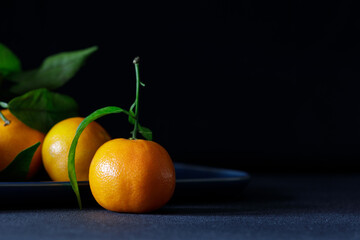 Bunch of fresh mandarins or tangerines lying on the table against dark backdrop