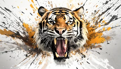Draagtas roaring tiger head graphic illustration with dynamic splash background © Irene