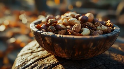 Mix of nuts in a wooden bowl on a wooden background. Selective focus.
