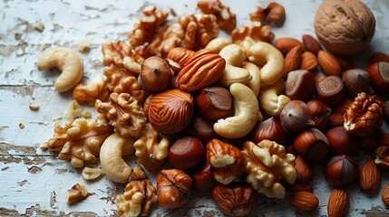 Mix of nuts on a white wooden background. Nuts mix. Healthy food concept.