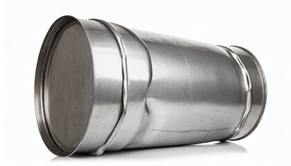 crumpled silver metal barrel white background isolated closeup dented oil drum crushed steel keg battered tin food can squashed aluminium cask wrinkled container broken packaging waste garbage - obrazy, fototapety, plakaty