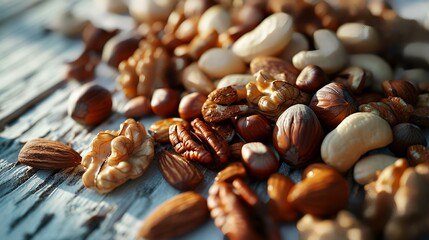 Obraz premium Mix of nuts on a white wooden background. Selective focus.