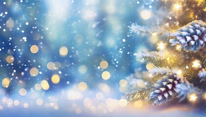 Fototapeta na wymiar christmas winter blurred background xmas tree with snow decorated with garland lights holiday festive background widescreen backdrop new year winter art design wide screen holiday border