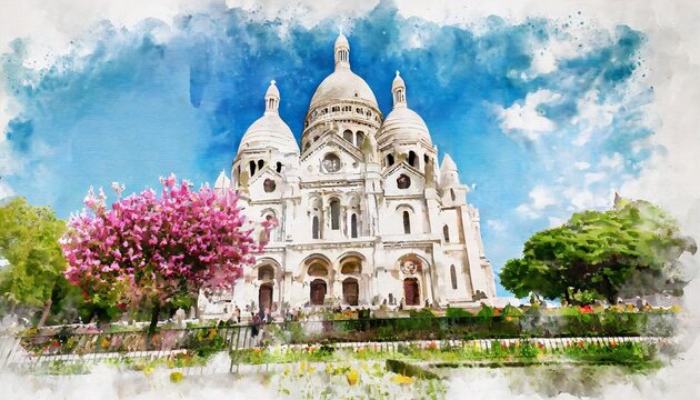 beautiful digital watercolor painting of the sacre coeur in paris france in spring
