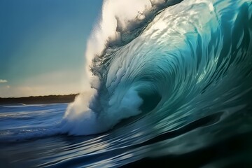 inside a beautiful cresting wave, inside ocean wave barrel, glassy ocean wave art, photorealistic, realism, tropical, Laguna beach California, vivid blue, reflections, wave art, golden hour, sun kisse - obrazy, fototapety, plakaty