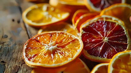 Slices of orange and grapefruit on a wooden background.