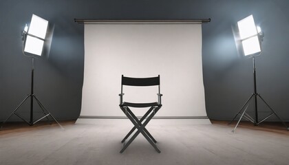 an empty director chair in front of an empty film set gloomy background