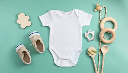 cotton baby bodysuit for mockup on a mint green background infant accessories and wooden toys next to white romper for kids clothes mock up cute baby headband and booties in eco style top view