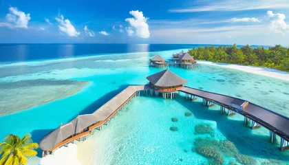 Poster perfect aerial landscape luxury tropical resort or hotel with water villas and beautiful beach scenery amazing bird eyes view in maldives landscape seascape aerial view over a maldives © Irene