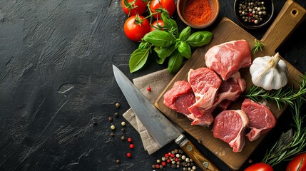 vertical view of fresh raw red meats green garlics on brown wooden cutting board tomatoes pepper on...