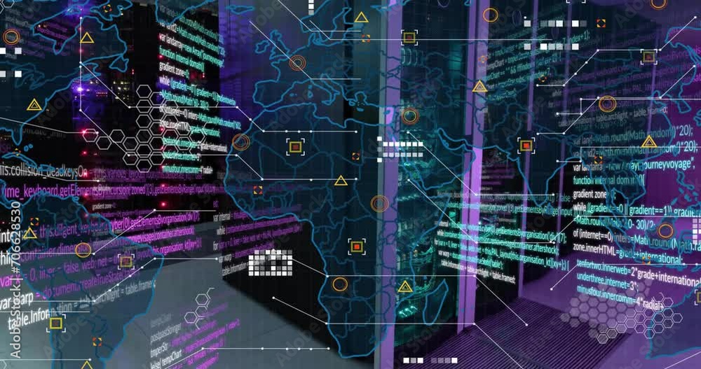 Poster animation of world map and data processing over computer server room