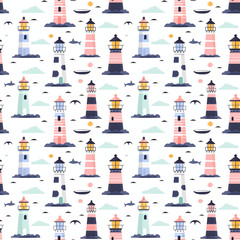 Fototapeta na wymiar Lighthouses seamless pattern. Can be used for gift wrapping, wallpaper, background