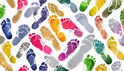 Fotobehang cross ways colorful human footprints white background isolated multicolor watercolor barefoot footsteps pattern chaotic foot print walking paths bare feet routes chaos illustration crossing lines © Irene