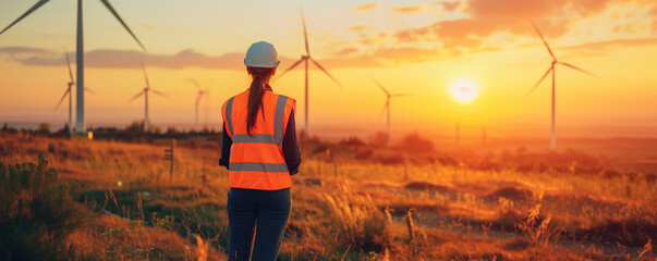 Engineer in high visibility vest near wind turbines