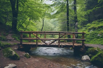 Fototapeta na wymiar Rustic wooden bridge crossing a serene forest stream