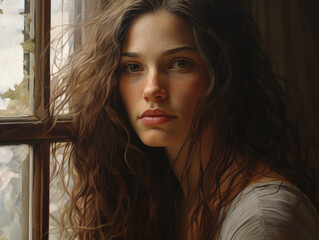 Portrait of a beautiful brunette girl near the window