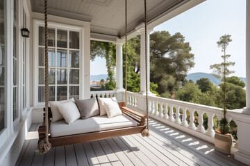 Swing on the open terrace of a house overlooking the mountains