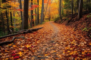Naklejka premium Rustling autumn leaves cascading down a winding forest path