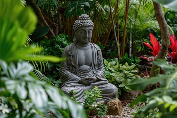 Serene buddha statue meditating in a lush garden