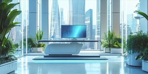 Step into the Future: A Modern and Futuristic Office Workplace on the Floor, Blending Technology, Plants, and Sleek Design, Generative AI