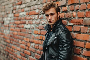 Male fashion model in a leather jacket Casually leaning against a brick wall