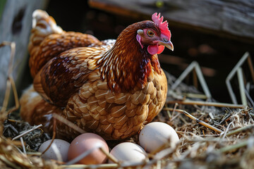 A hen sits in a nest full of chicken eggs