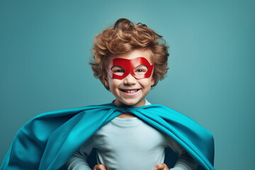 Boy in a superhero costume on a blue background, carnival costume with a cloak and mask