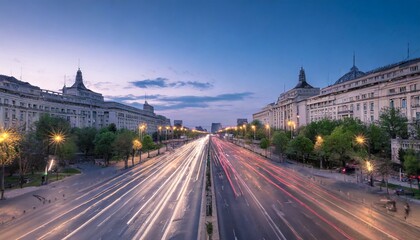 traffic in the center of the capital city of romania bucharest at dusk - obrazy, fototapety, plakaty